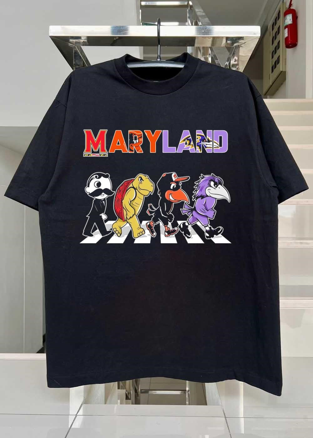 Natty Boh, Testudo, Oriole, and Raven Walking across Abbey Road Maryland Shirt