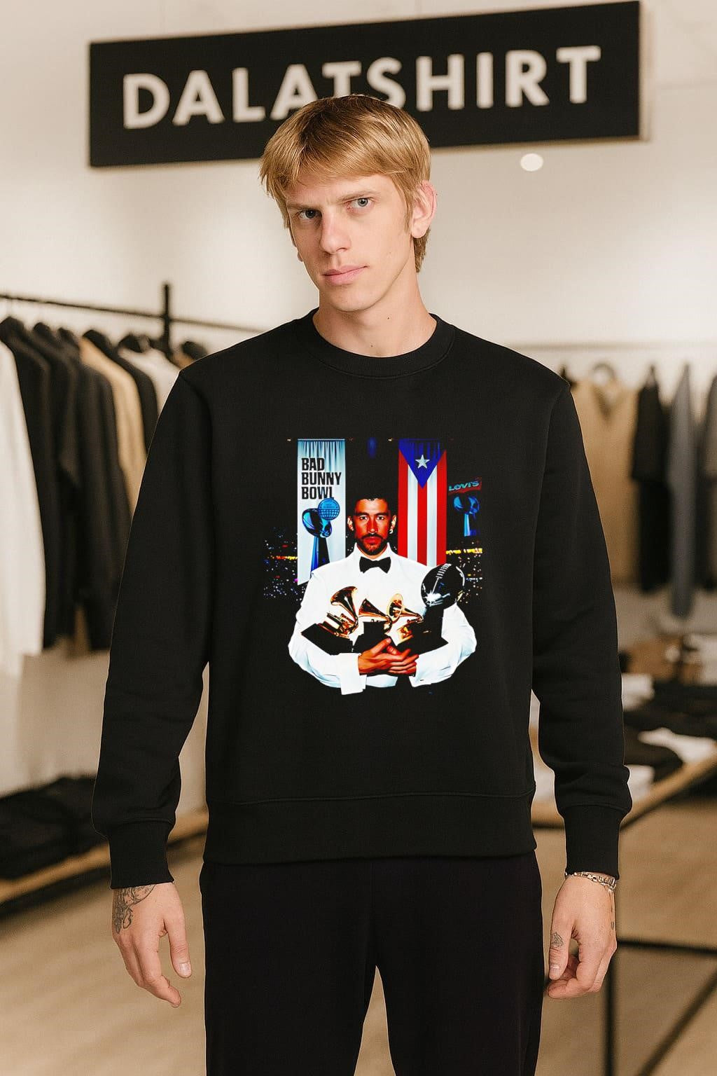 Bad Bunny Bowl Puerto Rico Flag Holding Multiple Grammy Music Awards shirt