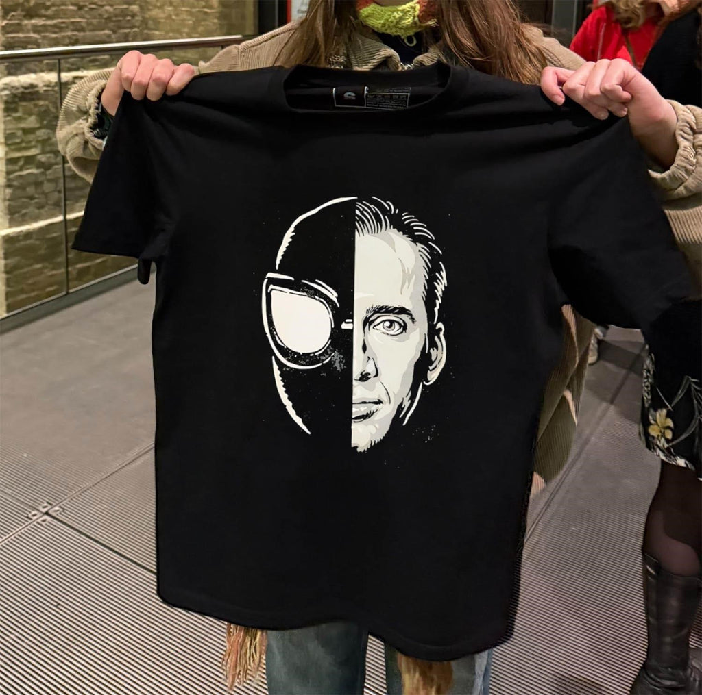 Nicolas Cage Spider-Man Noir split face mask artistic graphic shirt