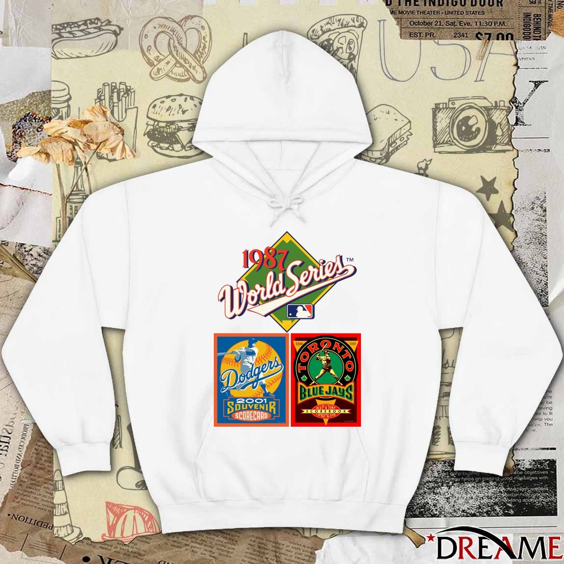 1987 MLB World Series, 2001 LA Dodgers Souvenir Scorecard and 1987 Blue Jays Magazine And Scorebook logos t-shirt