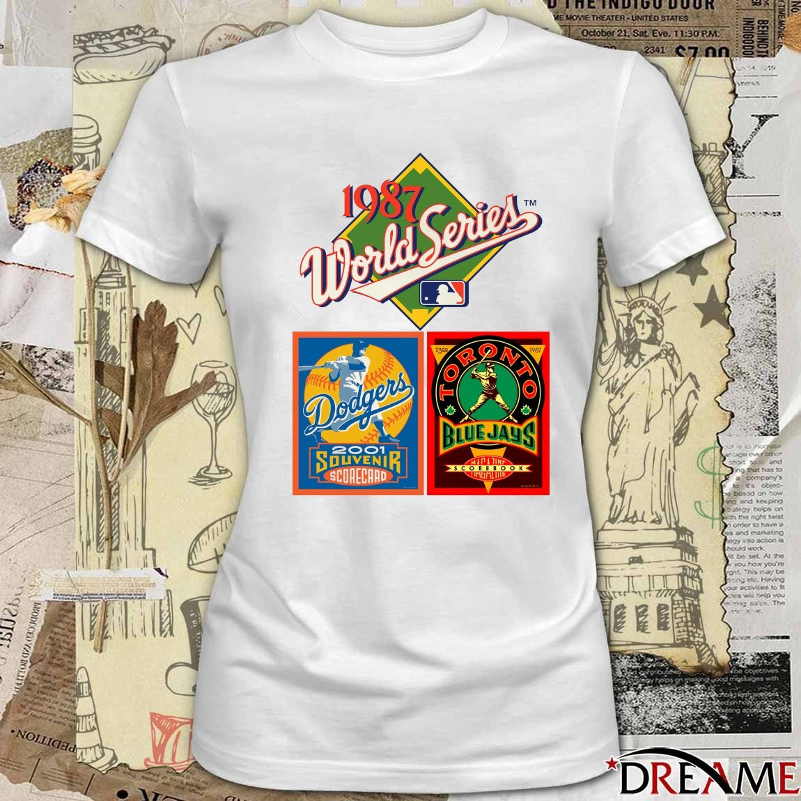 1987 MLB World Series, 2001 LA Dodgers Souvenir Scorecard and 1987 Blue Jays Magazine And Scorebook logos t-shirt
