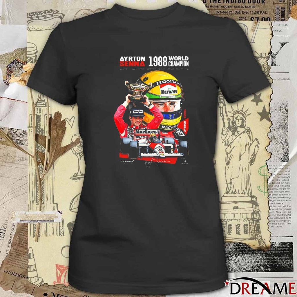 Ayrton Senna’s 1988 Champion San Marino Canada Detroit Great Britain Germany Hungary Belgium Japan Signature t-shirt