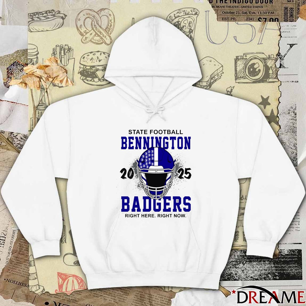 Bennington Badgers Booster Club State Football Right Here Right Now 2025 Helmet t-shirt