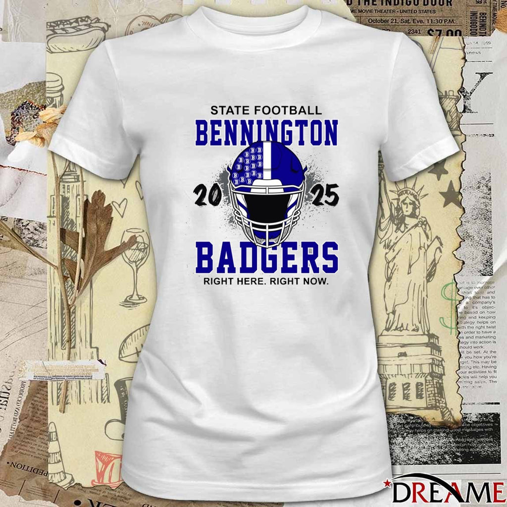 Bennington Badgers Booster Club State Football Right Here Right Now 2025 Helmet t-shirt