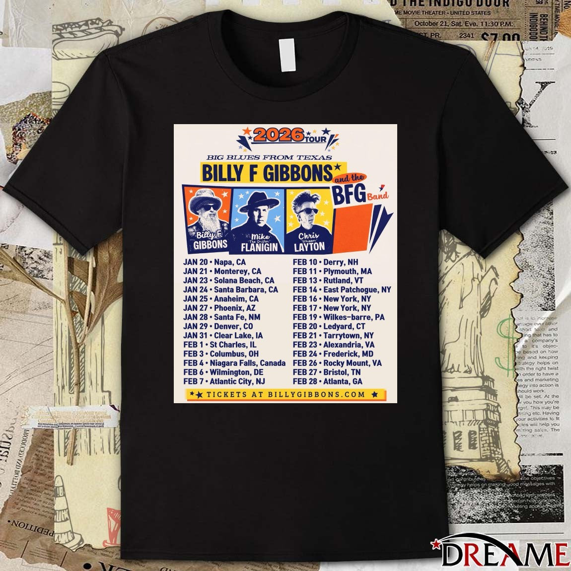 Big Blues Form Texas Billy F Gibbons And The BFG Band Concert 2026 Schedule Poster t-shirt