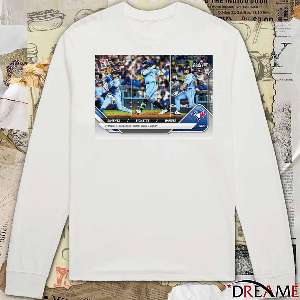 Blue Jays Andrés Giménez, Bo Bichette and Addison Barger 2025 MLB Topps 7th-Inning 4-Run Outburst Cements Game 4 Victory t-shirt