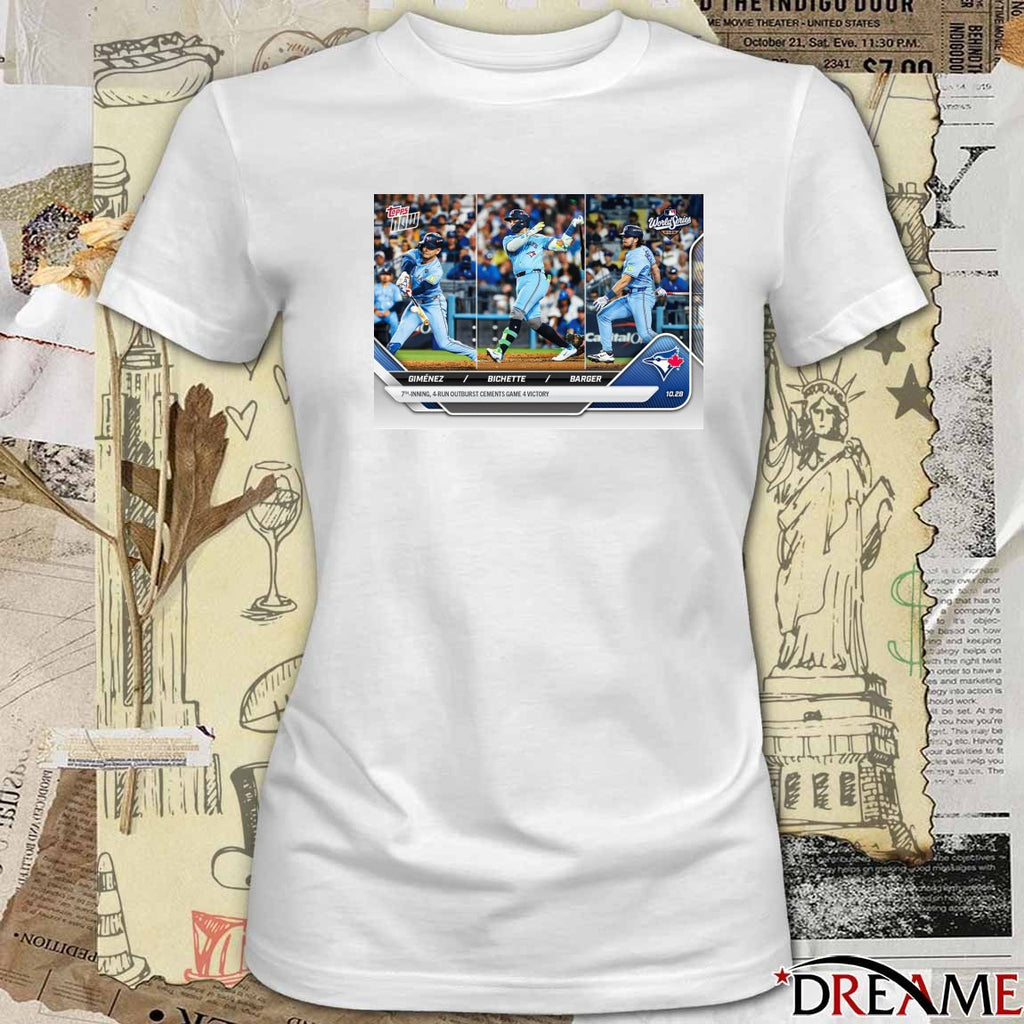 Blue Jays Andrés Giménez, Bo Bichette and Addison Barger 2025 MLB Topps 7th-Inning 4-Run Outburst Cements Game 4 Victory t-shirt