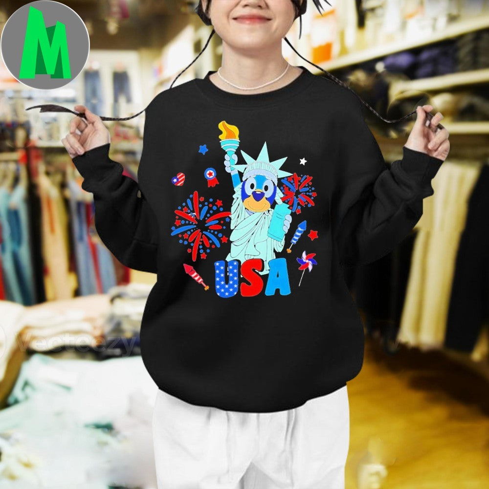 Bluey Statue of Liberty USA 4th of July T-Shirt Kids Patriotic Cartoon Graphic Tee