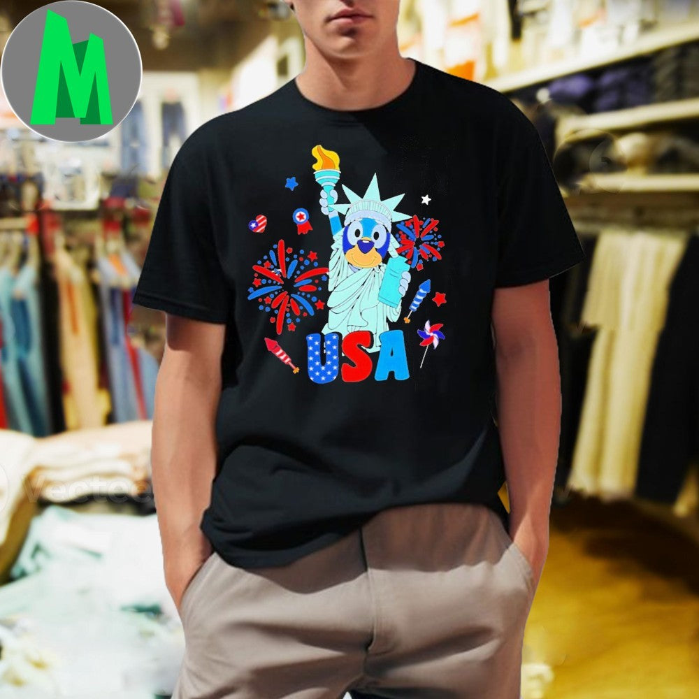 Bluey Statue of Liberty USA 4th of July T-Shirt Kids Patriotic Cartoon Graphic Tee