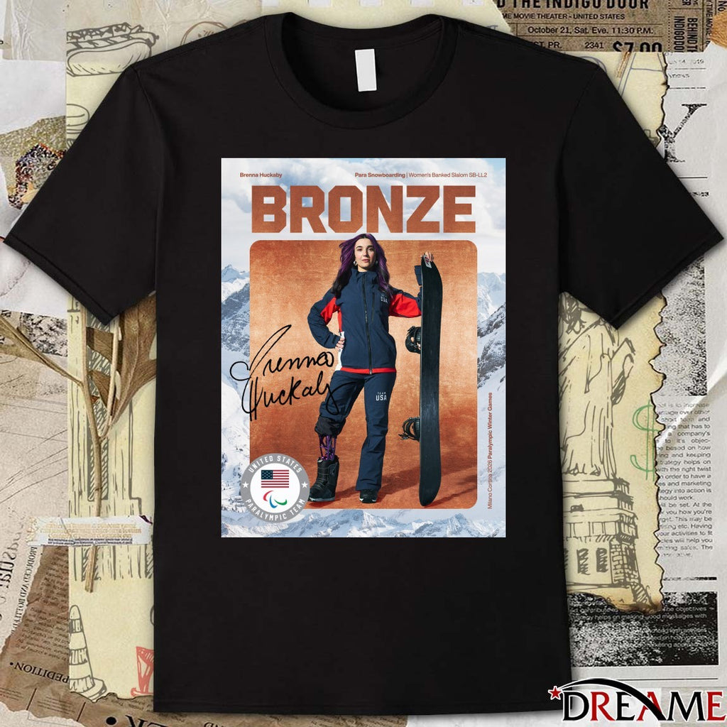 Brenna Huckaby Para Snowboarding Women’s Banked Slalom SB-LL2 Bronze Medal Milano Cortina 2026 Signature Poster t-shirt