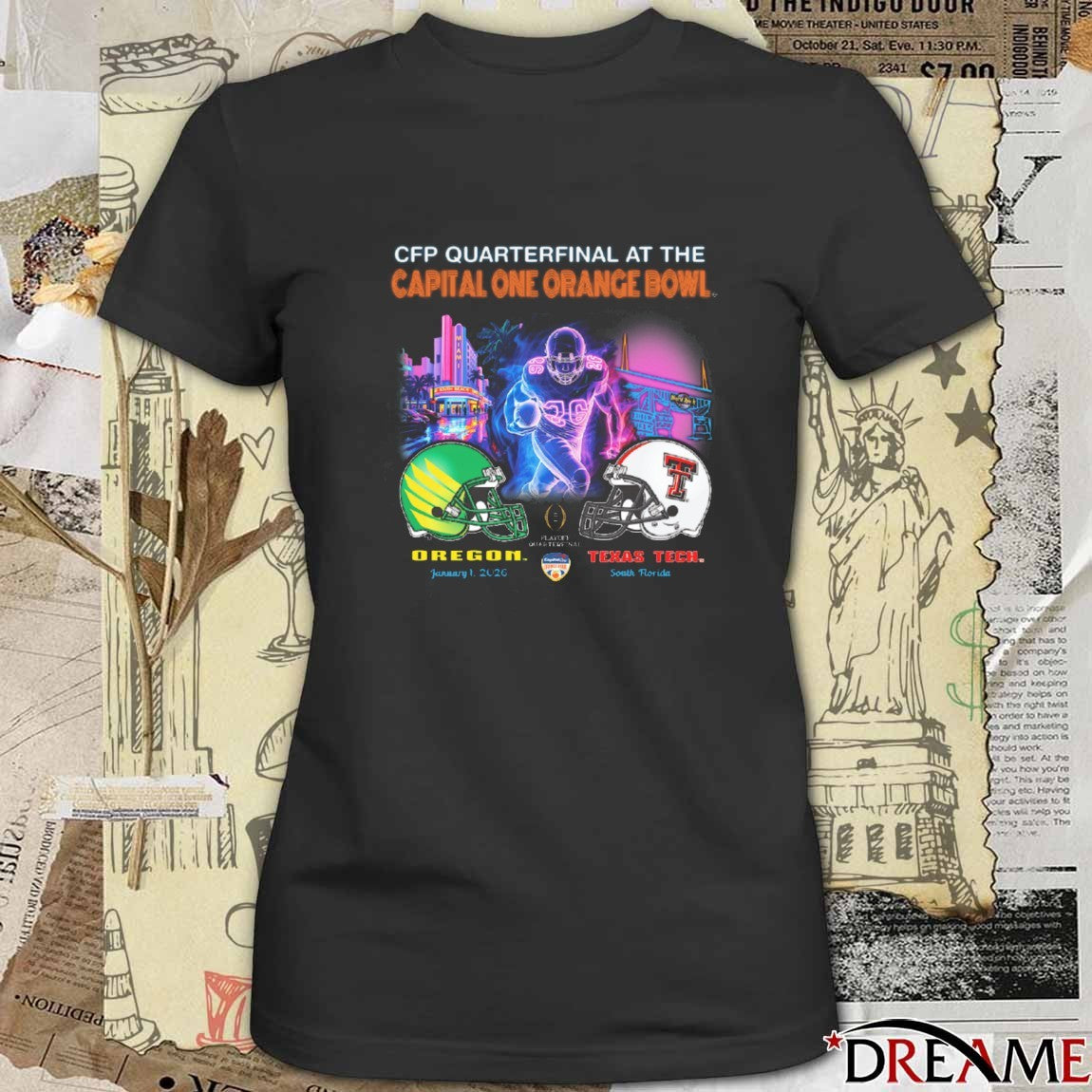 CFP Quarterfinal At The Capital One Orange Bowl Oregon Vs Texas Tech Jan 1 2026 South FL Helmets Art Deco Game t-shirt
