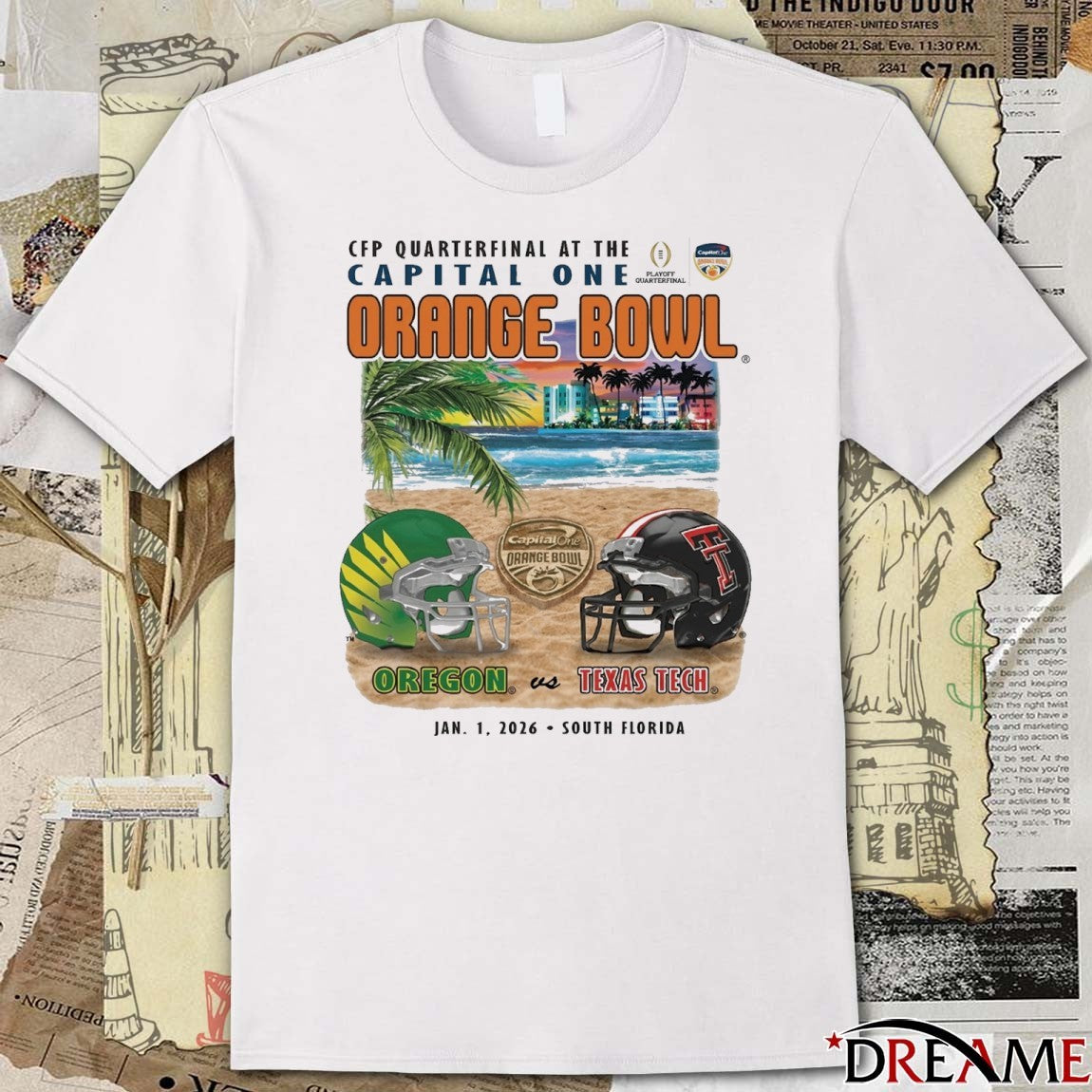 CFP Quarterfinal At The Capital One Orange Bowl Oregon Vs Texas Tech Jan 1 2026 South FL Sobe Showdown Helmets t-shirt