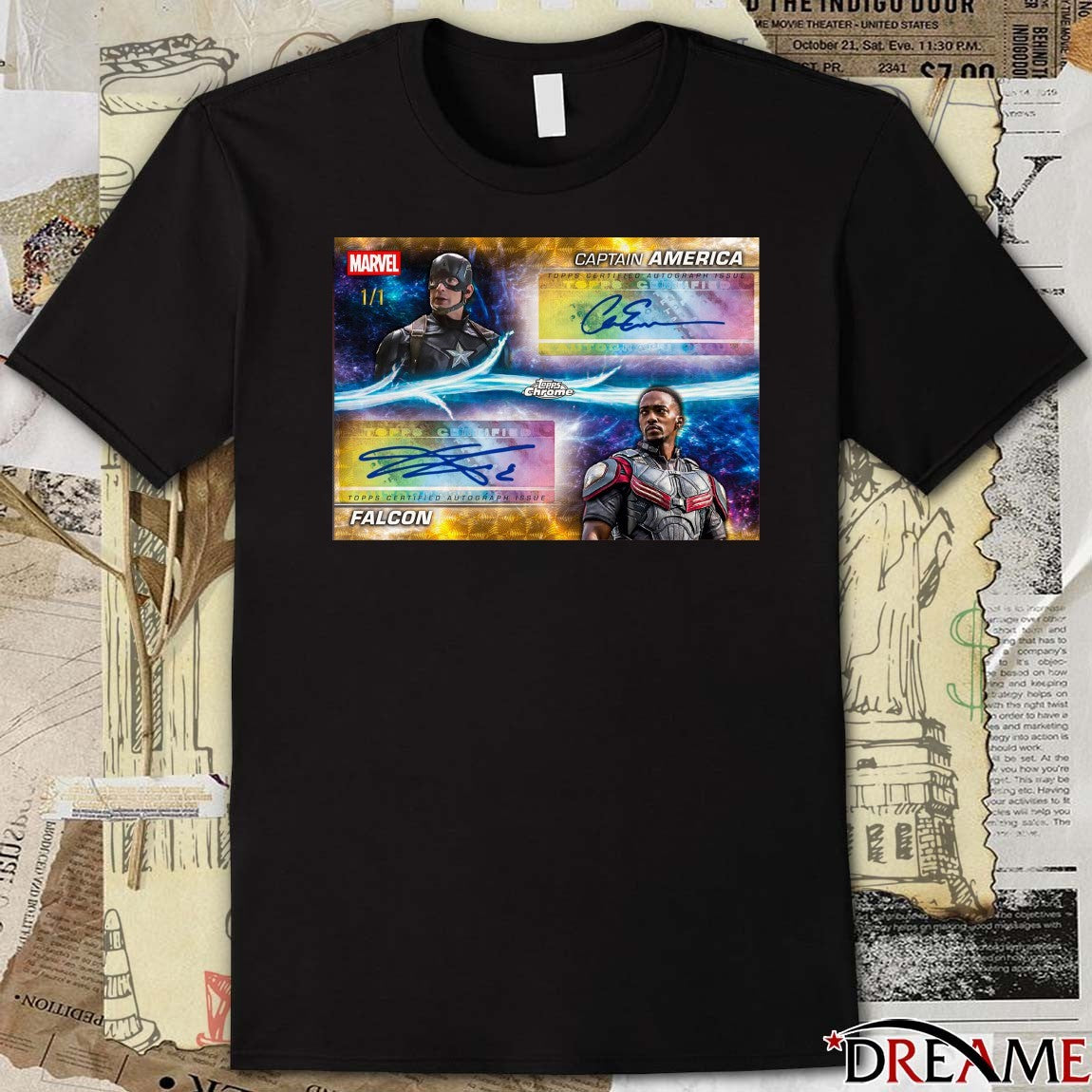 Captain America Chris Evans and Falcon Anthony Mackie Topps Certified Autograph Issue Signatures Poster t-shirt