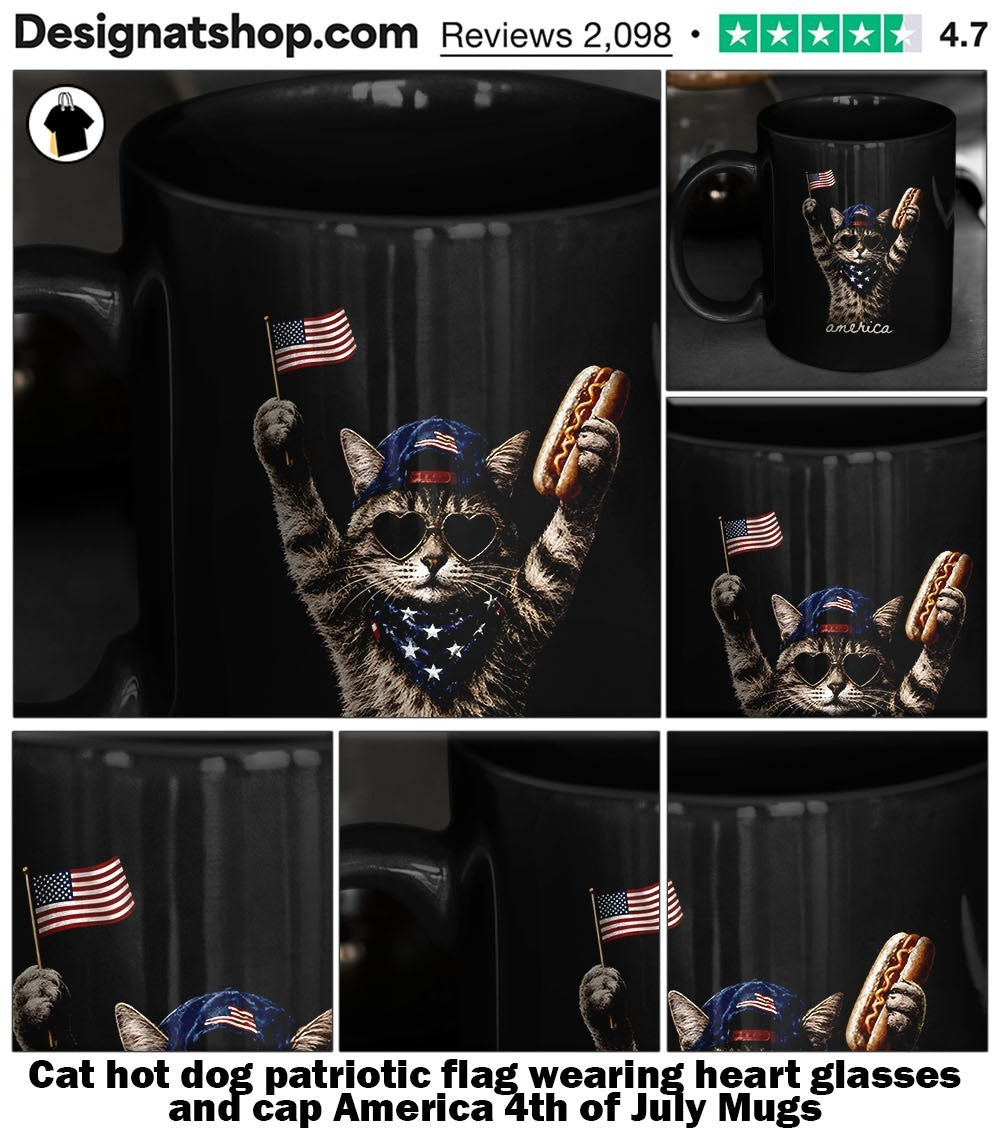 Cat hot dog patriotic flag wearing heart glasses and cap America 4th of July shirt
