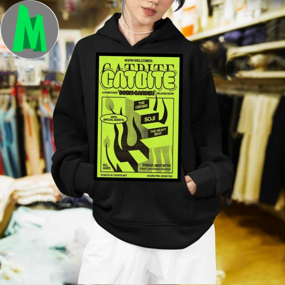 Catbite Philadelphia 2025 Concert Poster T-Shirt Ska Punk Band Apparel Lime Green