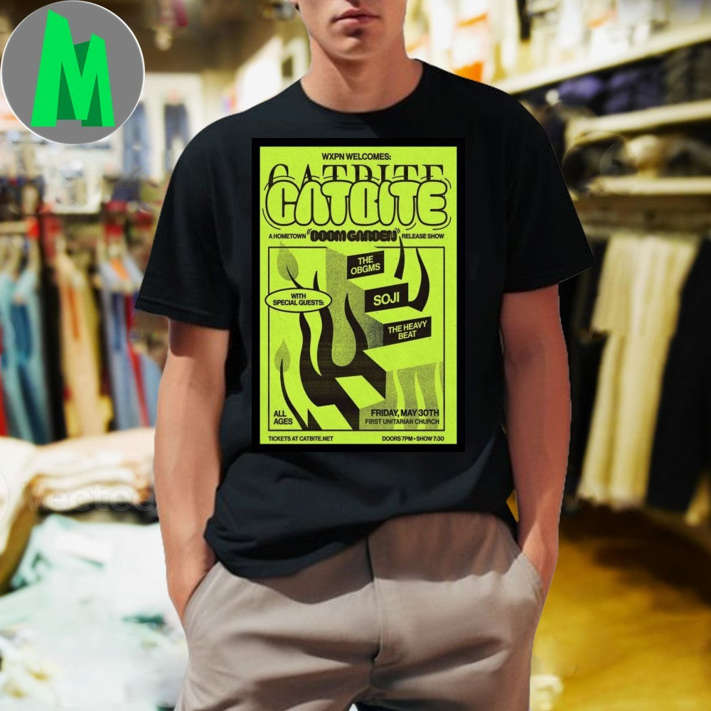 Catbite Philadelphia 2025 Concert Poster T-Shirt Ska Punk Band Apparel Lime Green