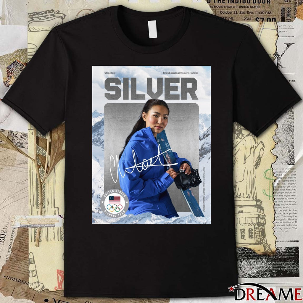 Chloe Kim Snowboarding Women’s Halfpipe Silver Team USA Olympic Signature Poster t-shirt