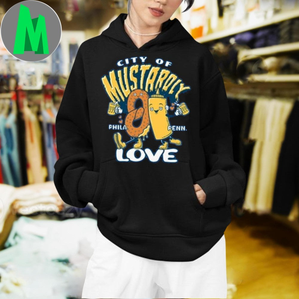 City of Mustard Love Philadelphia Soft Pretzel Mustard Graphic Tee Humorous Philly Apparel Blue T-Shirt