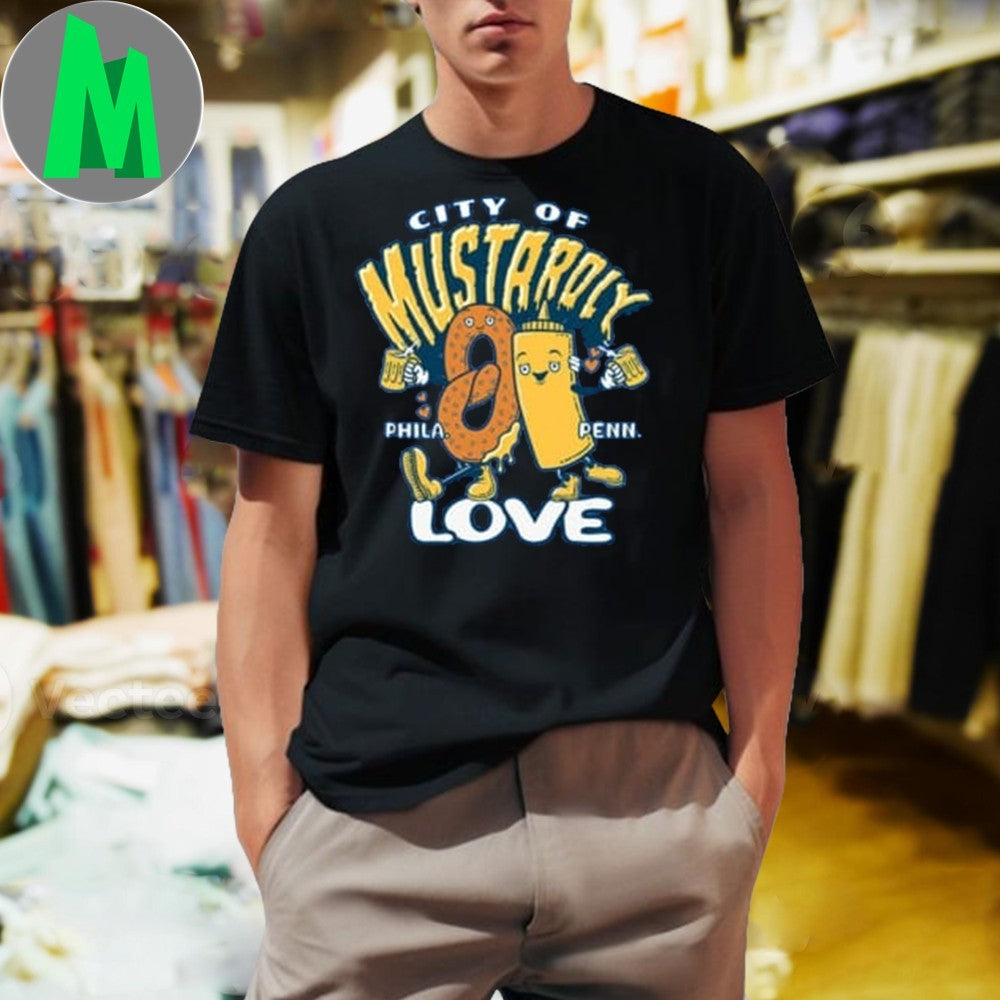 City of Mustard Love Philadelphia Soft Pretzel Mustard Graphic Tee Humorous Philly Apparel Blue T-Shirt