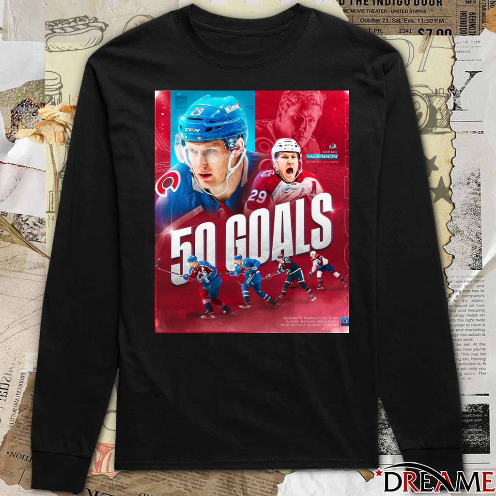 Colorado Avalanche Nathan MacKinnon 50-Goal Seasons In NHL Career Poster t-shirt