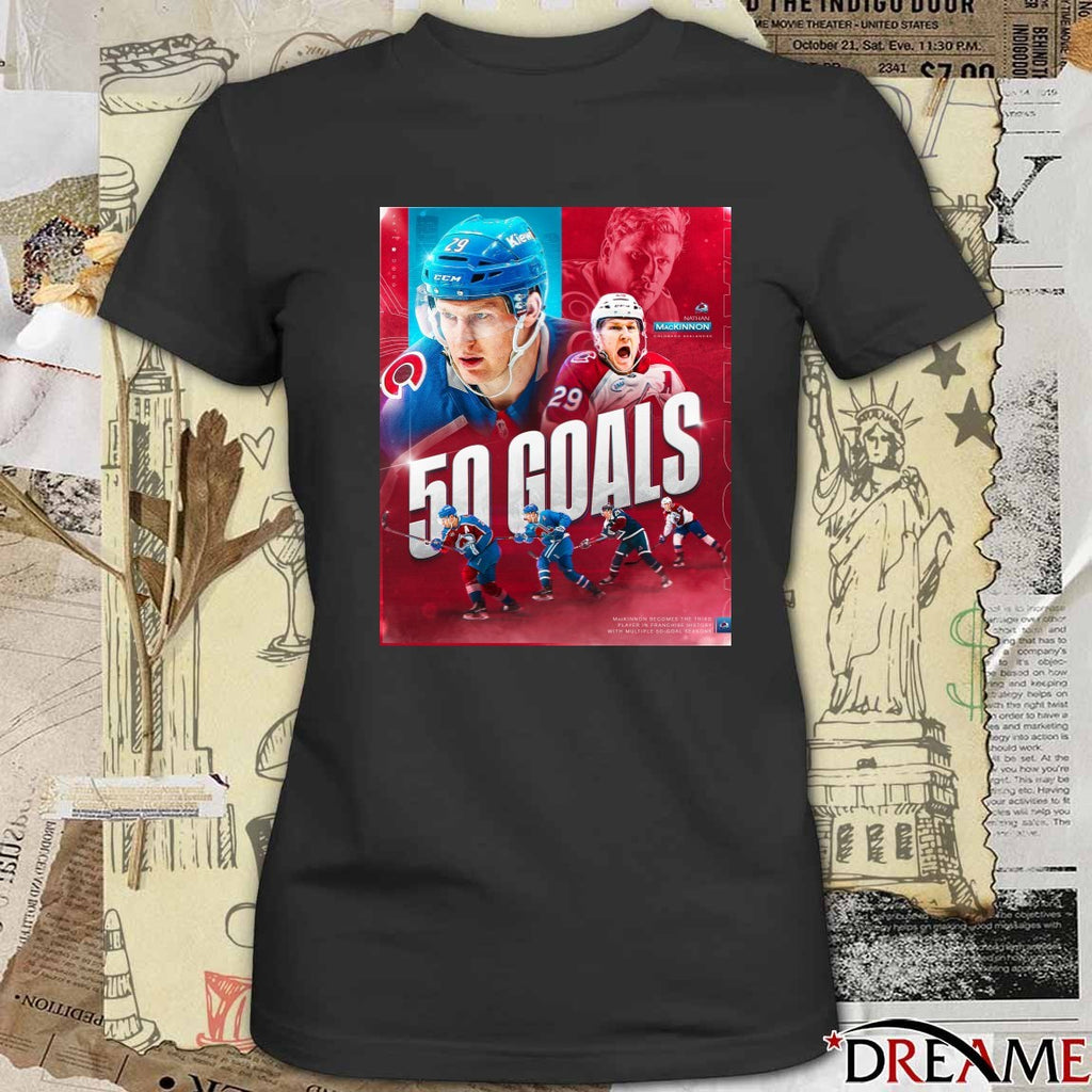 Colorado Avalanche Nathan MacKinnon 50-Goal Seasons In NHL Career Poster t-shirt