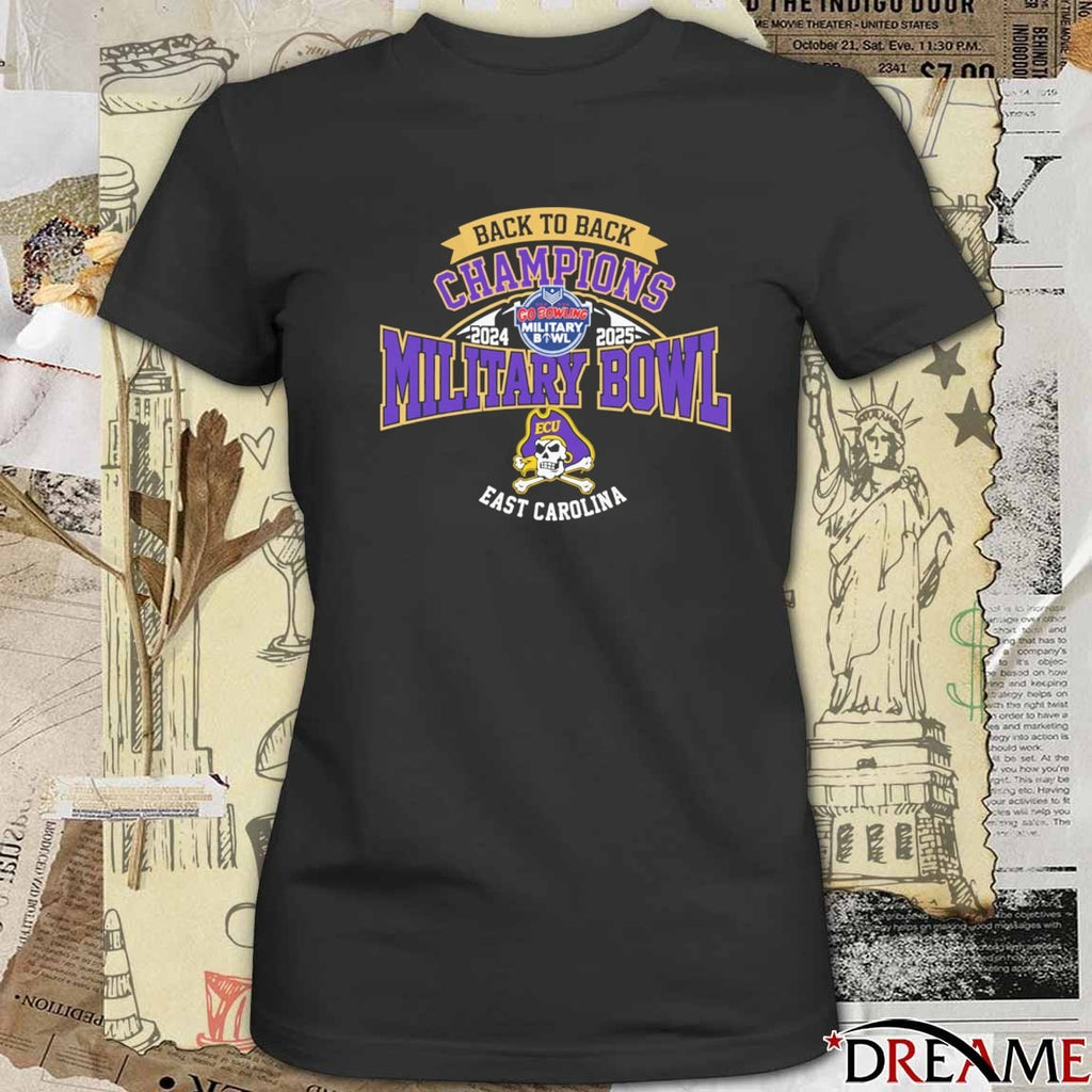 ECU East Carolina Pirates Champion Back 2 Back Champs Military Bowl 2024-2025 t-shirt