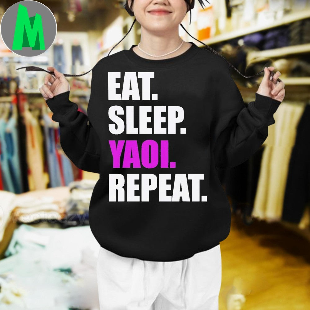 Eat Sleep Yaoi Repeat T-Shirt Anime Manga Fan Apparel Black Graphic Tee