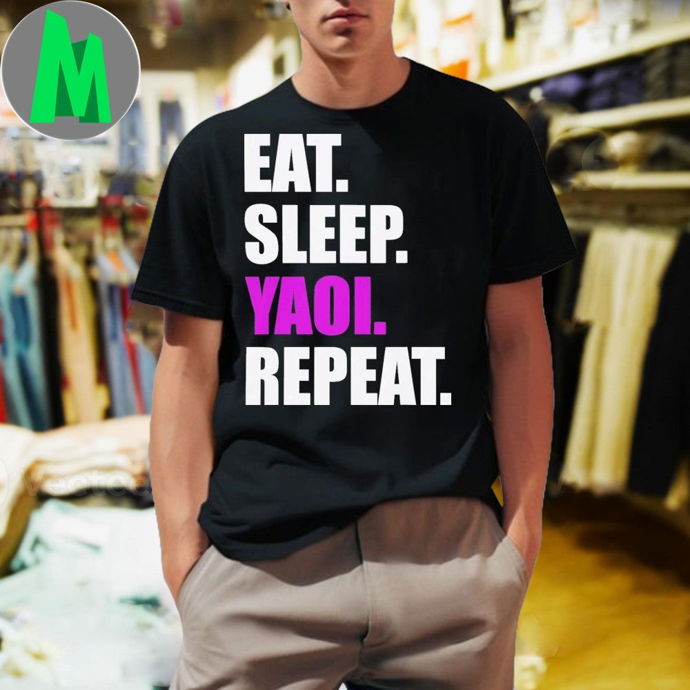 Eat Sleep Yaoi Repeat T-Shirt Anime Manga Fan Apparel Black Graphic Tee