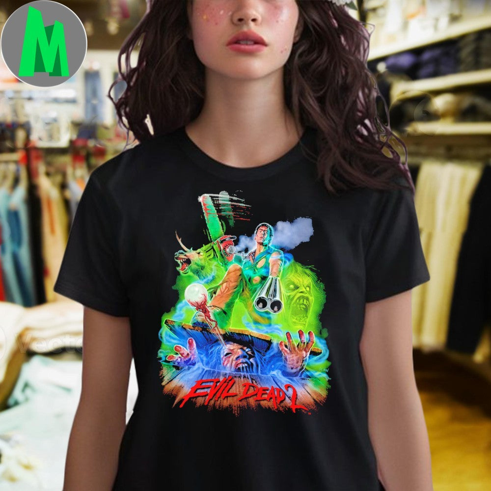 Evil Dead 2 Hero Ash Chainsaw and Shotgun Movie T-Shirt