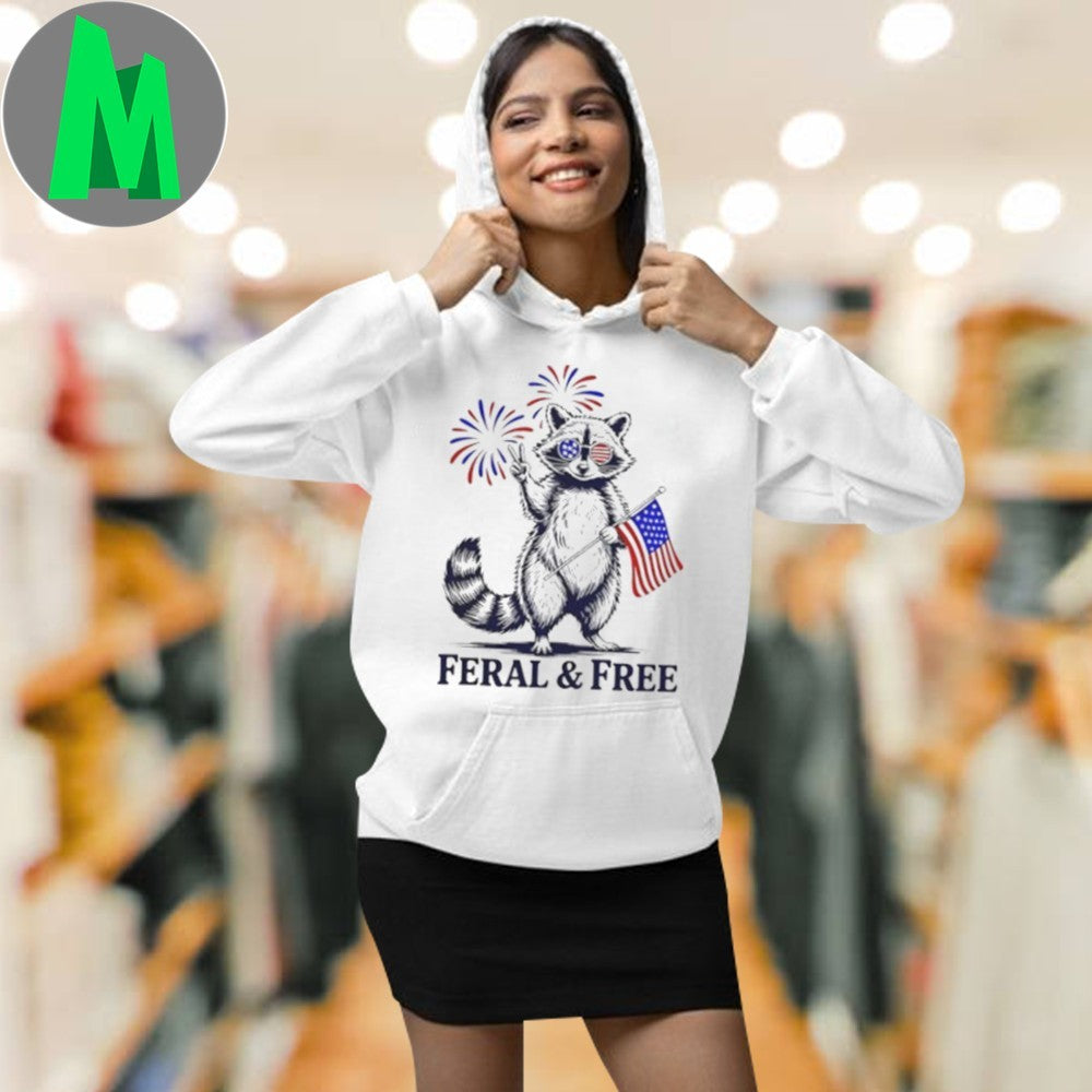 Feral and Free Patriotic Raccoon American Flag T-Shirt 4th of July Celebration Graphic Tee
