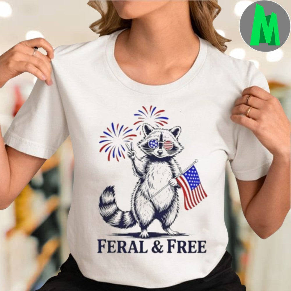 Feral and Free Patriotic Raccoon American Flag T-Shirt 4th of July Celebration Graphic Tee