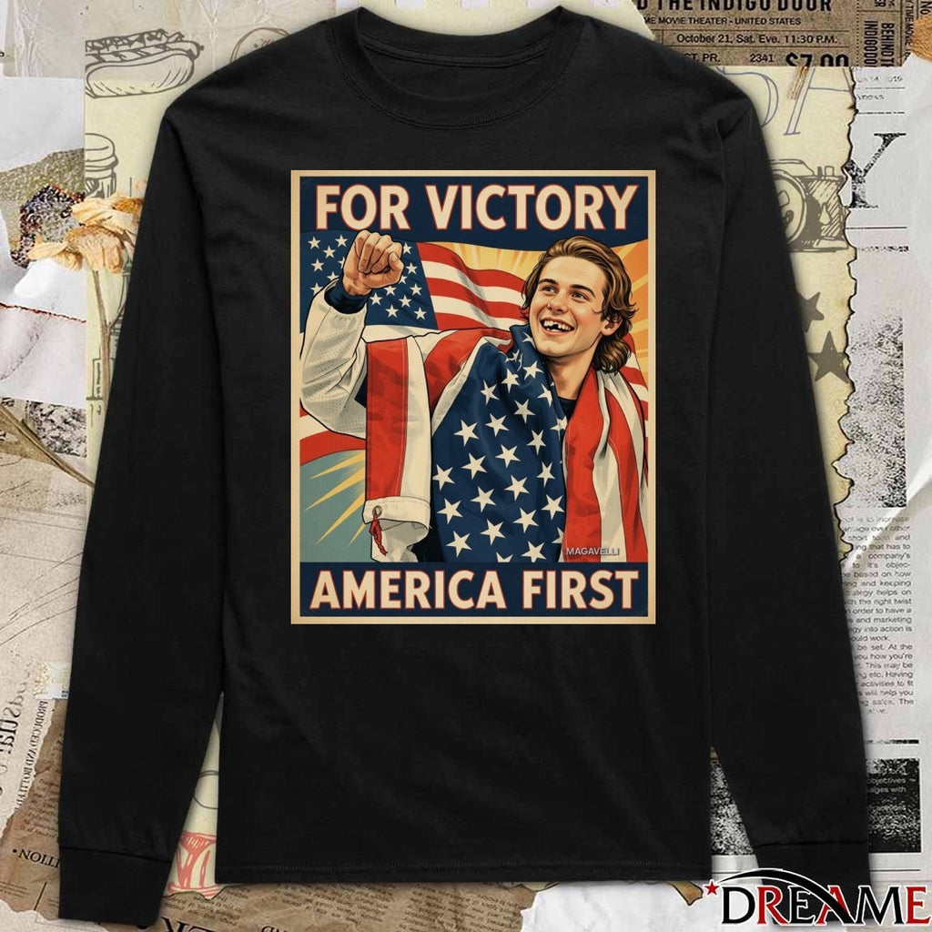 For Victory America First Jack Hughes USA Hockey Retro t-shirt