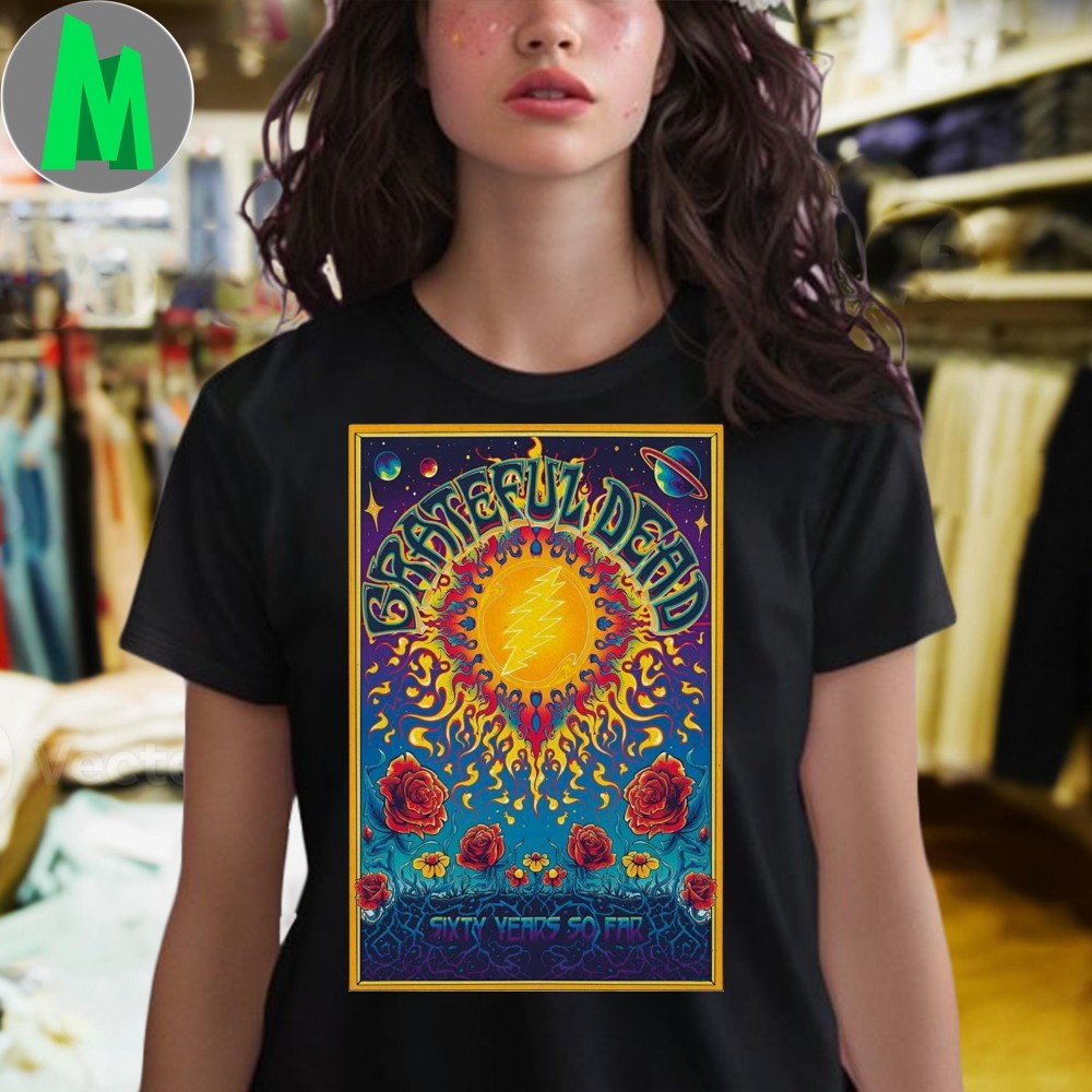 Grateful Dead 60th Anniversary Psychedelic Sun & Roses Poster Graphic T-Shirt