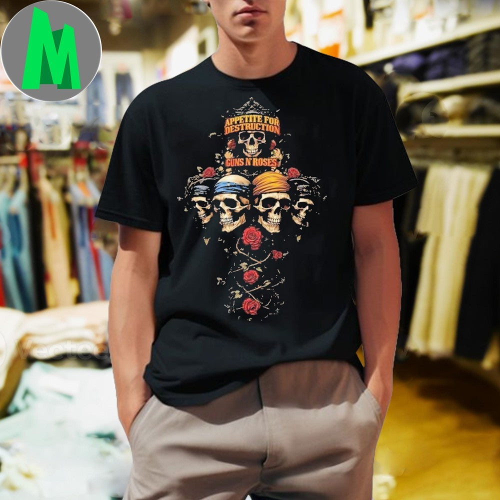 Guns N Roses Appetite For Destruction Skull Cross Band T-Shirt Rock Music Tee