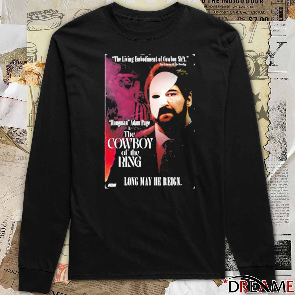 Hangman Adam Page In The Cowboy of the Ring Long May He Reign AEW 2025 t-shirt