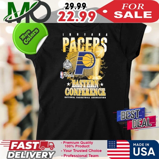 Indiana Pacers 2025 Eastern Conference Finals Black Graphic Logo Trophy T-Shirt