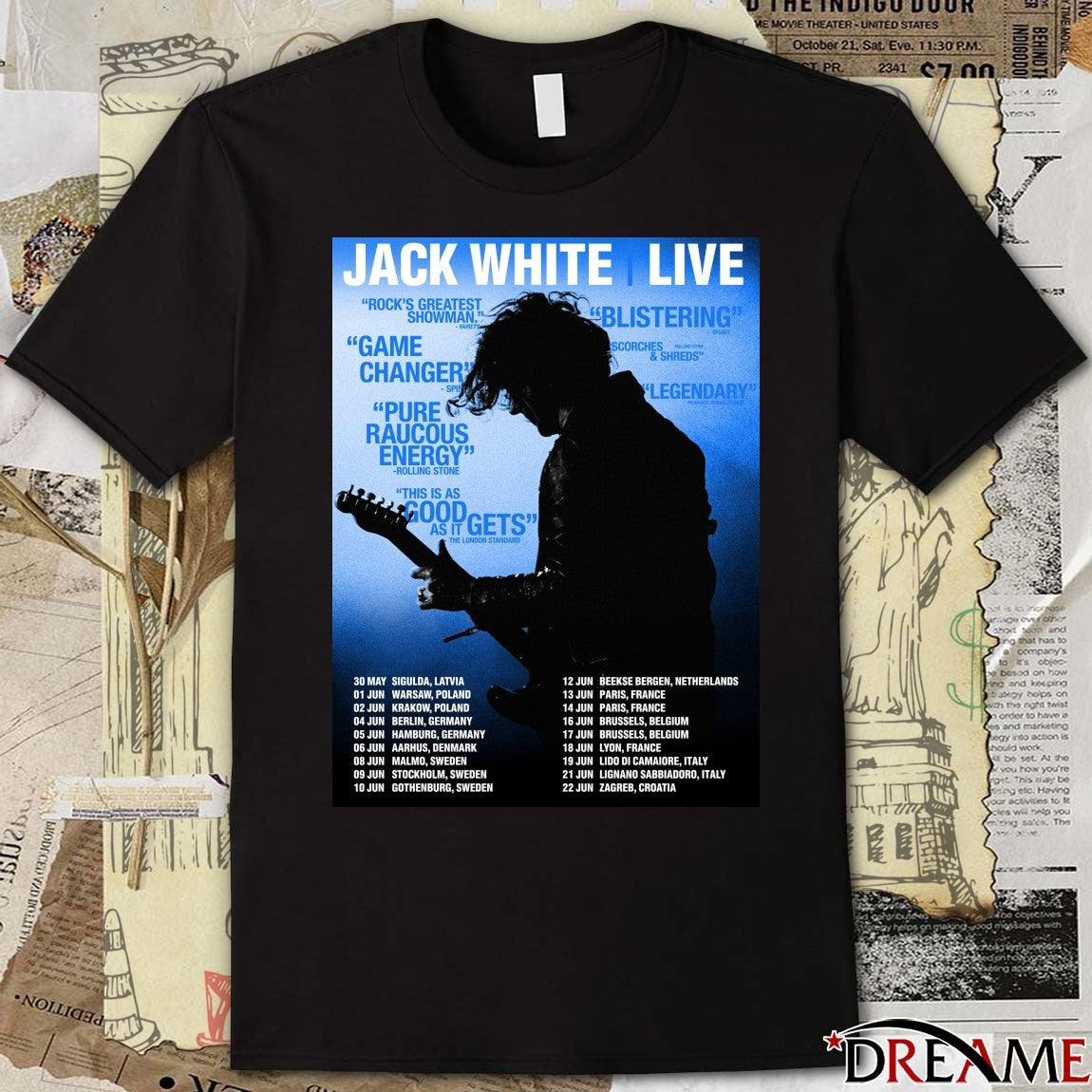 Jack White Europe Tour 2026 May and June Warsaw, Berlin, Paris, and Stockholm Poster t-shirt