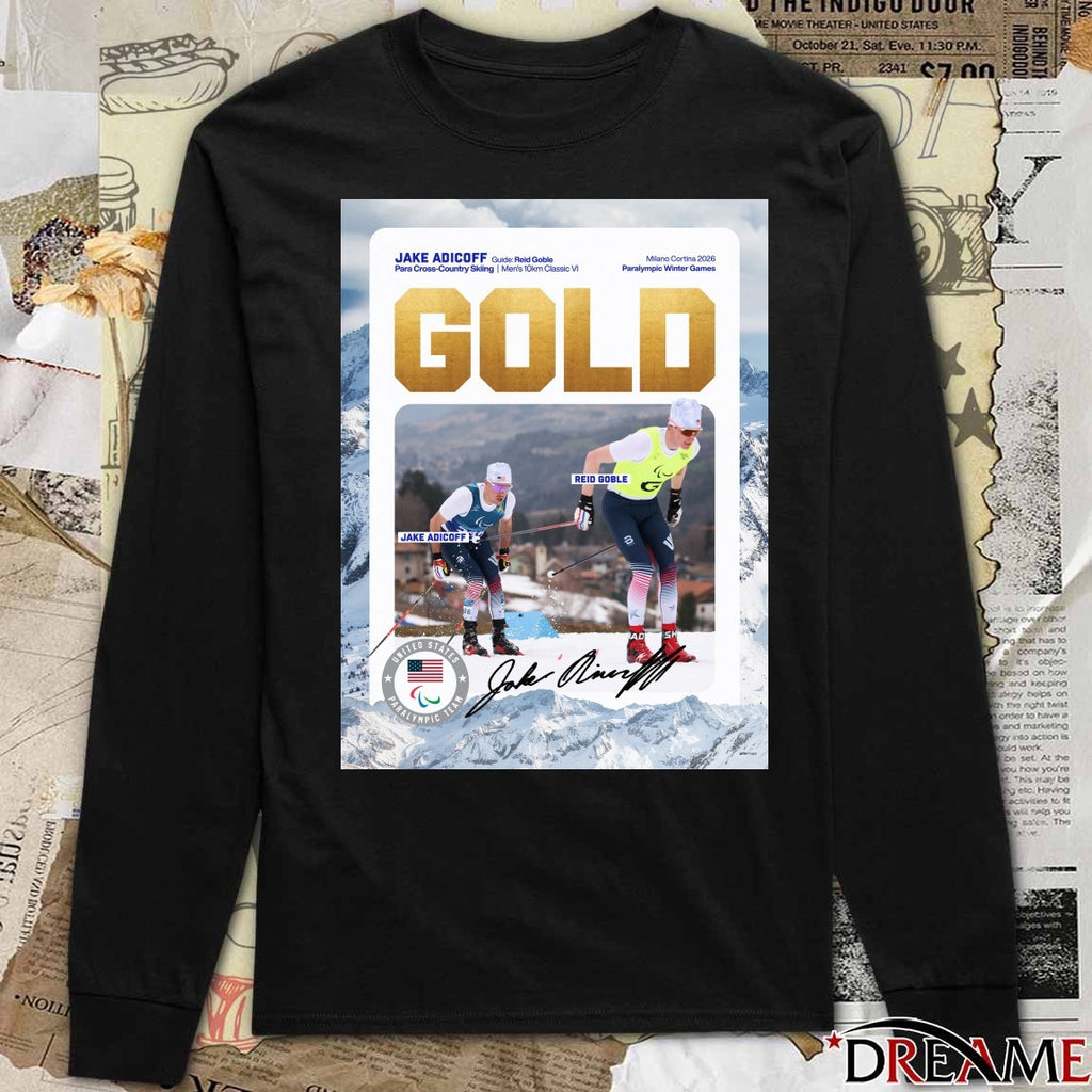 Jake Adicoff and Reid Goble Para Cross-Country Skiing Men’s 10km Classic VI Gold Medal Signature Poster t-shirt