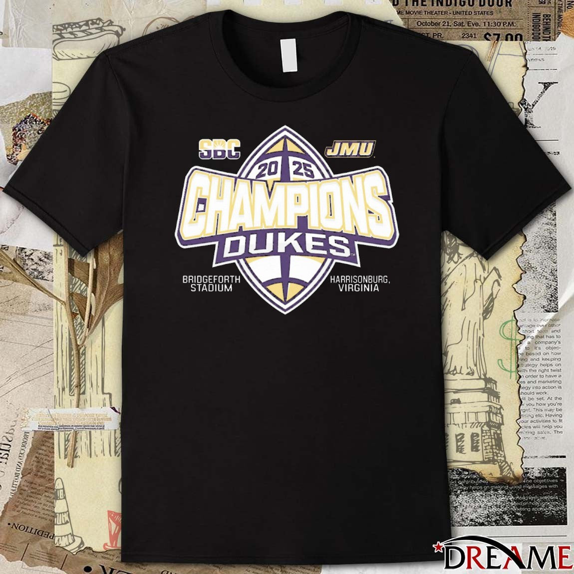 James Madison Dukes 2025 Sun Belt Football Champions Bridgeforth Stadium Harrisonburg Virginia t-shirt