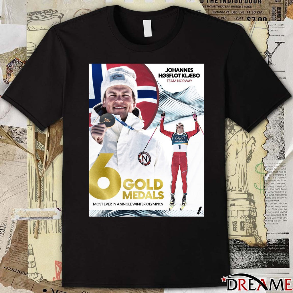 Johannes Høsflot Klæbo Team Norway 6 Gold Medals Most Ever In A Single Winter Olympics Poster t-shirt