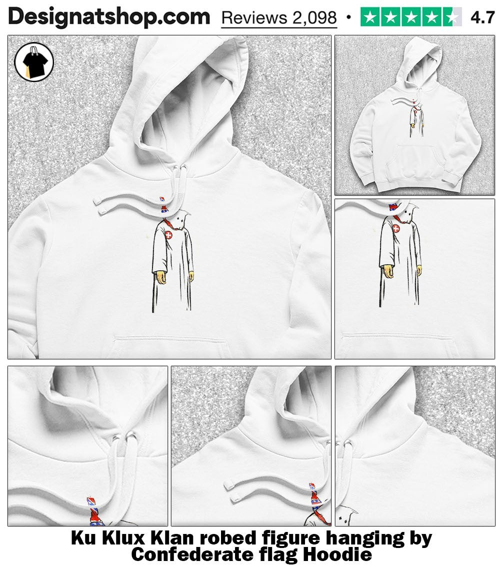Ku Klux Klan robed figure hanging by Confederate flag shirt