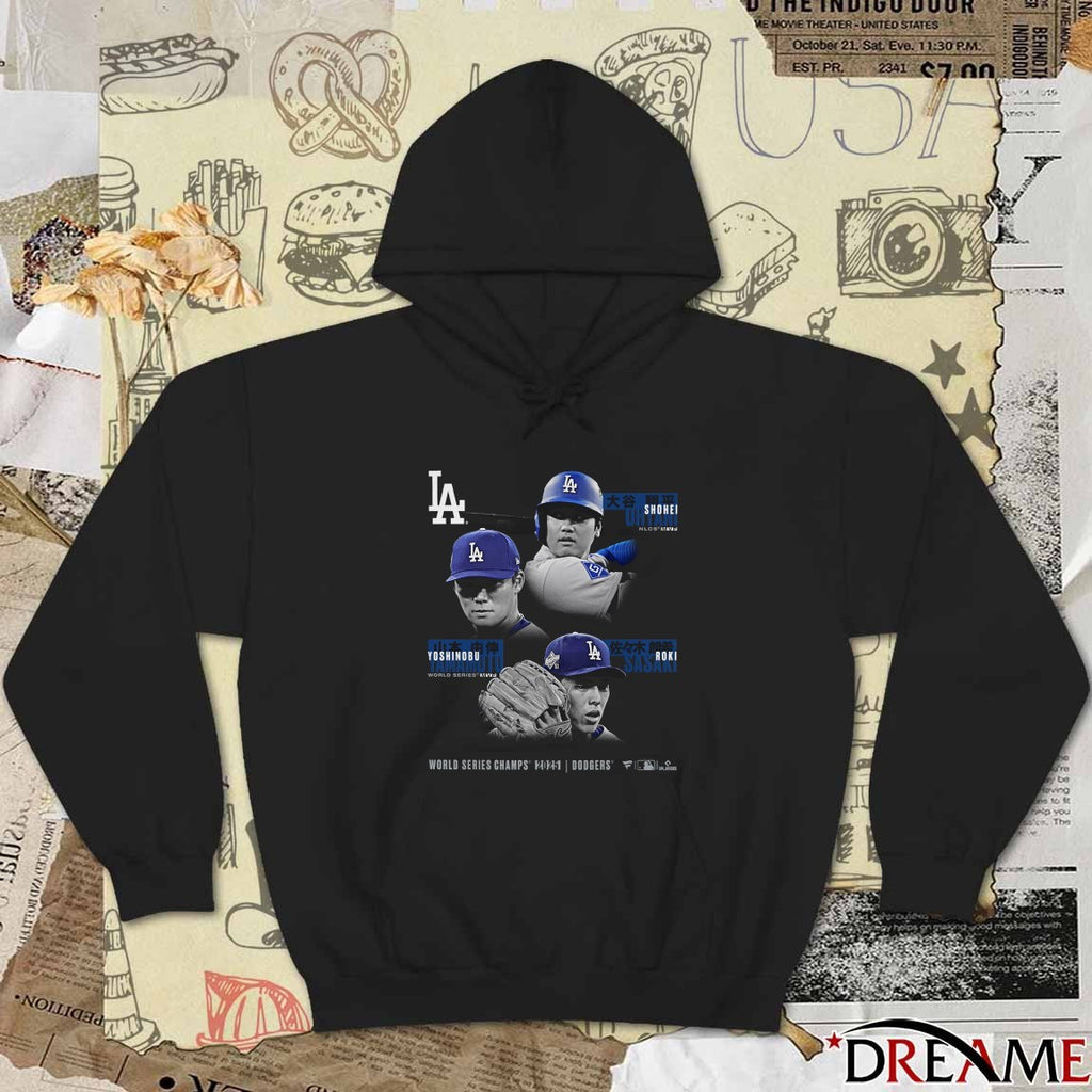 Los Angeles Dodgers Shohei Ohtani, Yoshinobu Yamamoto and Roki Sasaki Black 2025 World Series Champions Historic Performances t-shirt