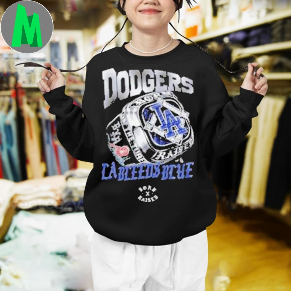 Los Angeles Dodgers x Born X Raised 2025 T-Shirt LA Leva Bleeds Blue MLB Baseball Fan Apparel Championship Ring Graphic Tee