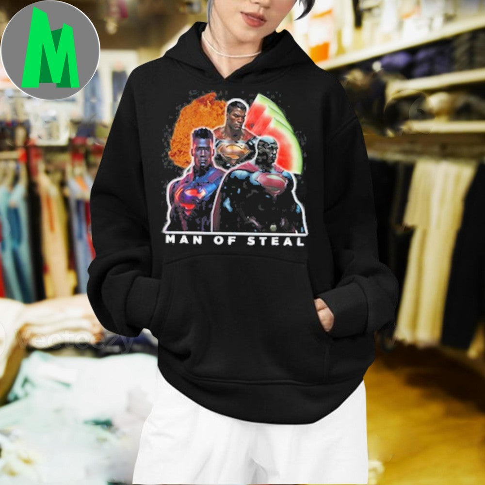 Man Of Steal Skibidi Drill Cartoon T-Shirt Humorous Superhero Parody Tee