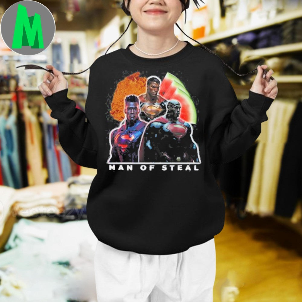 Man Of Steal Skibidi Drill Cartoon T-Shirt Humorous Superhero Parody Tee