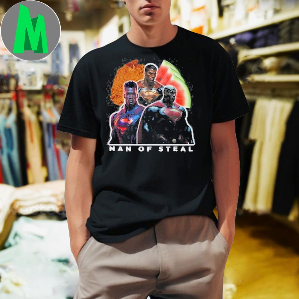 Man Of Steal Skibidi Drill Cartoon T-Shirt Humorous Superhero Parody Tee