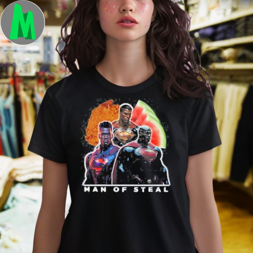 Man Of Steal Skibidi Drill Cartoon T-Shirt Humorous Superhero Parody Tee