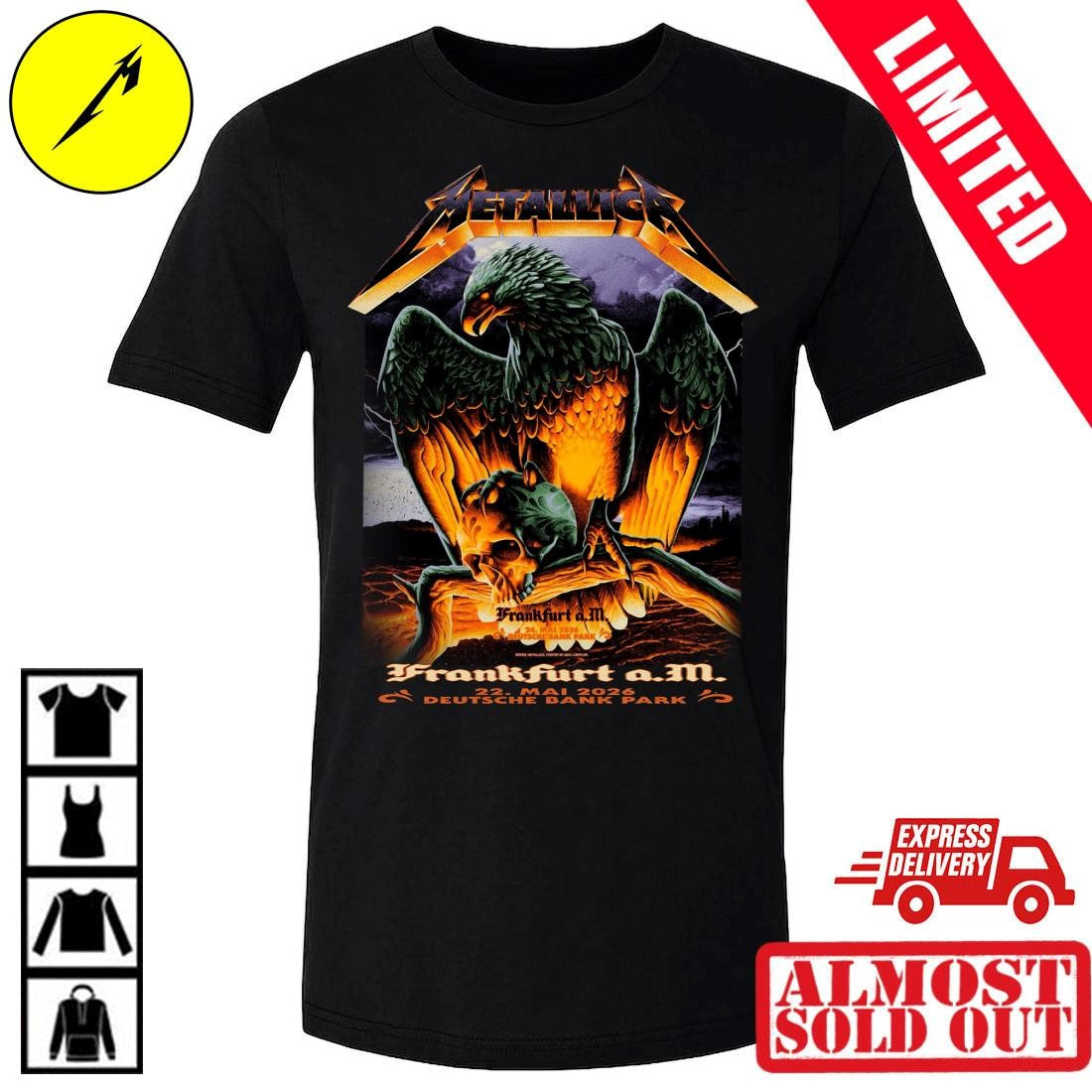 Max Loeffler Designed Metallica M72 Frankfurt Germany 2026 Shirt – Creepy Eagle Gripping Skull – Deutsche Bank Park Concert May 24 Metal Tee