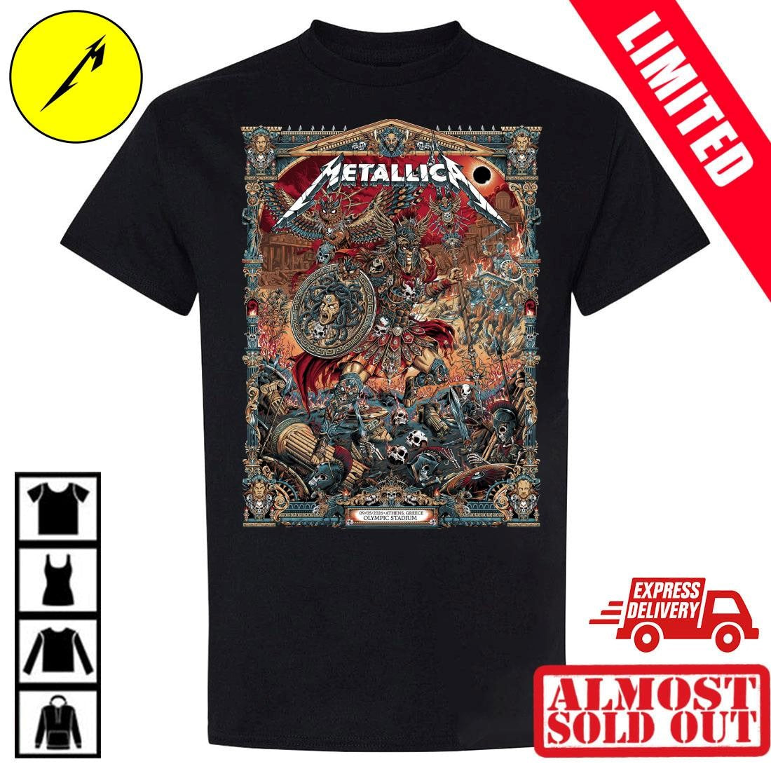 Metallica M72 Athens 2026 Warrior Medusa Shield Shirt By Juan Ma Orozco – Greece Olympic Stadium May 9 Tour Concert Merchandise T-Shirt