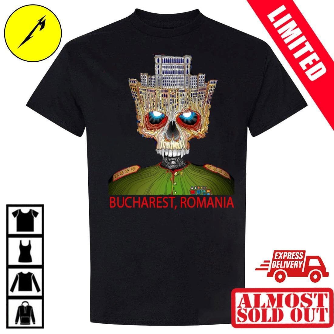 Metallica M72 Bucharest 2026 Venue Merch T-Shirt Palace Of Parliament Crown Skull Art By Matei Apostolescu (Arena Nationala, Romania, May 13)
